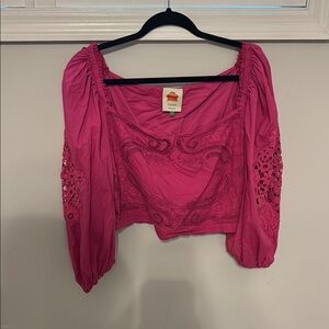 Farm Rio Pink Square Neck Puff Sleeve Crop Blouse